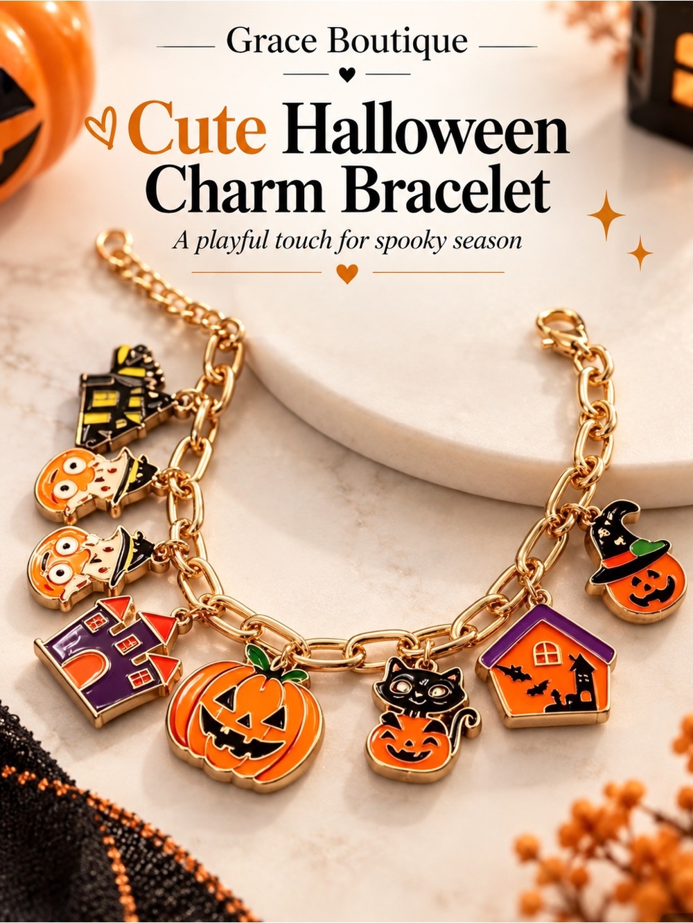 Gold Halloween Charm Bracelet with Orange & Black Enamel Charms